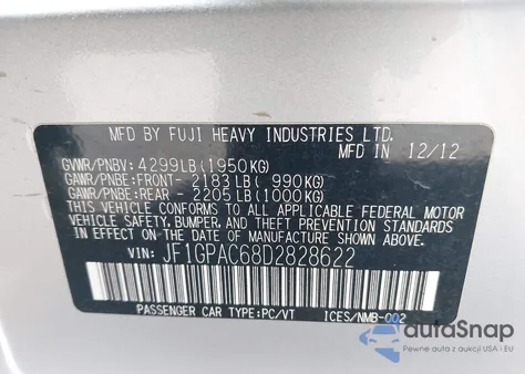 2013 Subaru Impreza Premium from USA, damaged, VIN JF1GPAC68D2828622